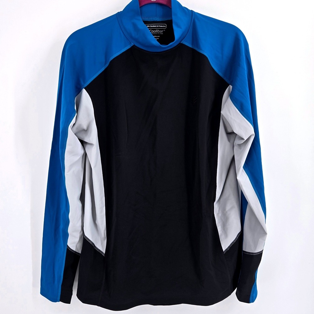 Coolibar‎ Point Break Rash Guard Large Blue Black Mock Neck UPF 50+ EUC